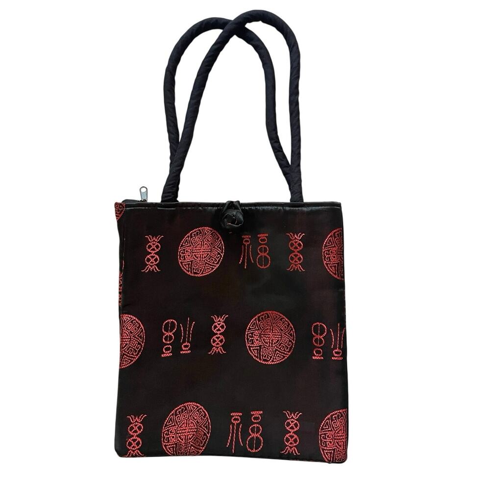 Vintage Asian Traditional Black & Red Embroidered Satin Tote Bag